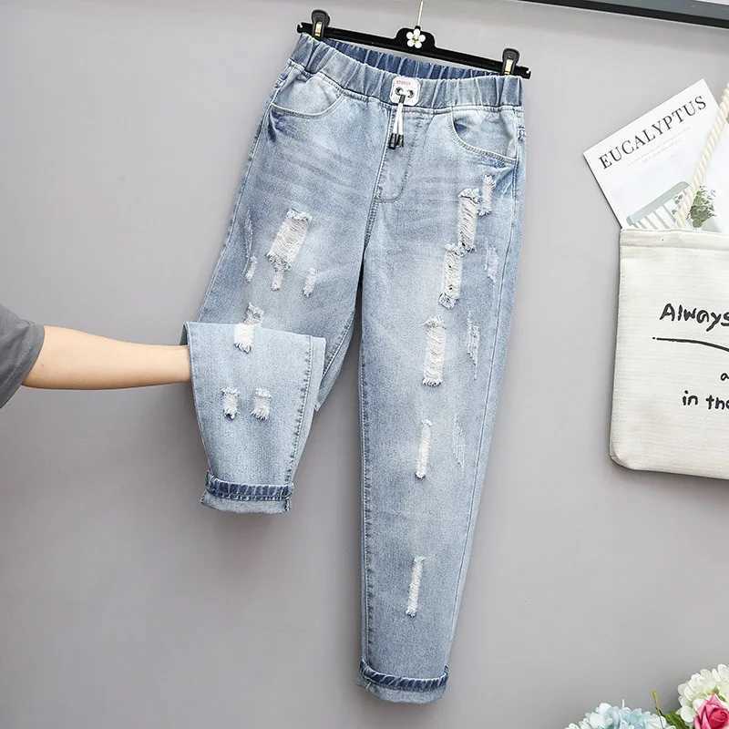 L-7xl ripped jeans woman high waisted plussized baggy blue jeans for women loose denim trousers mom jeans M260310