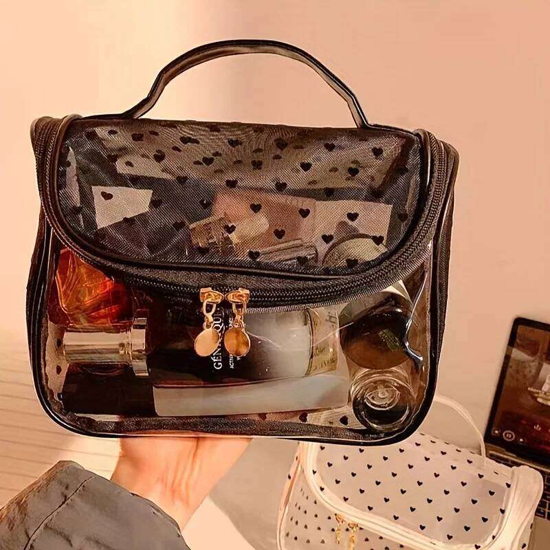 1pc Large Capacity Heart Mesh Makeup Bag Frosted Transparent Cosmetic Toiletry Organizer Travel Pouch for Office Home or Daily XJ260310