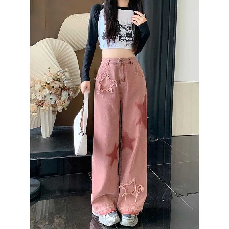 Women Streetwear Pink Jeans Vintage Star Print High Waisted American Retro Wide Leg Denim Pants Hip-hop Straight Y2K TrousersT260310
