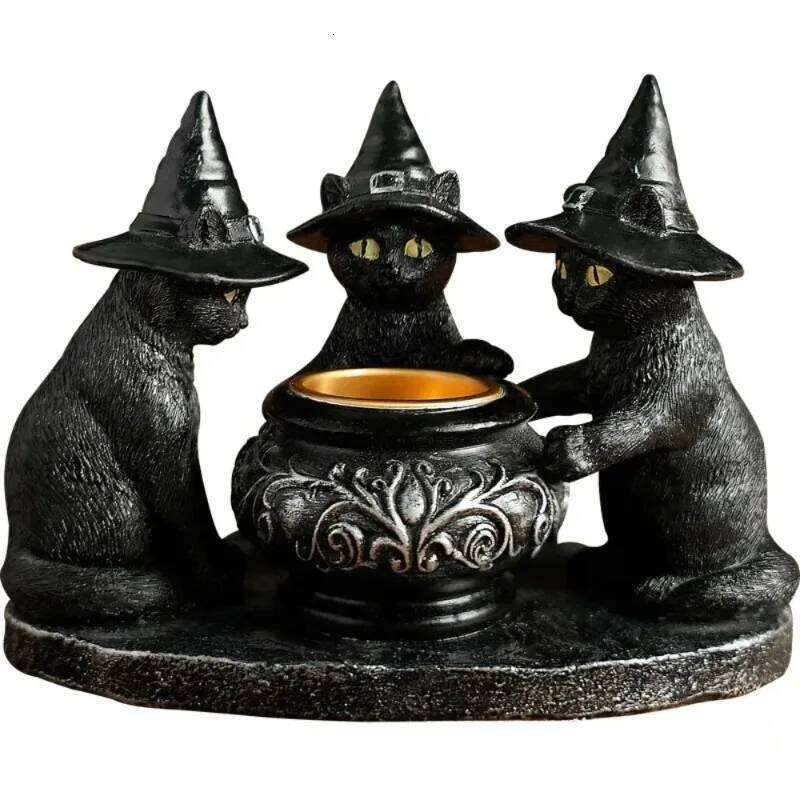 Halloween Decoration Figurines Familiar Cauldron Tea Light Black Witches Cats Candlestick Holder Home Bar Table Ornaments H260310
