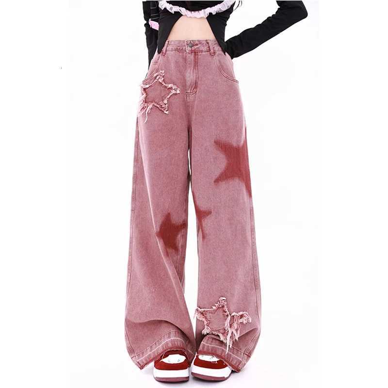 Women Streetwear Pink Jeans Vintage Star Print High Waisted American Retro Wide Leg Denim Pants Hip-hop Straight Y2K TrousersT260310