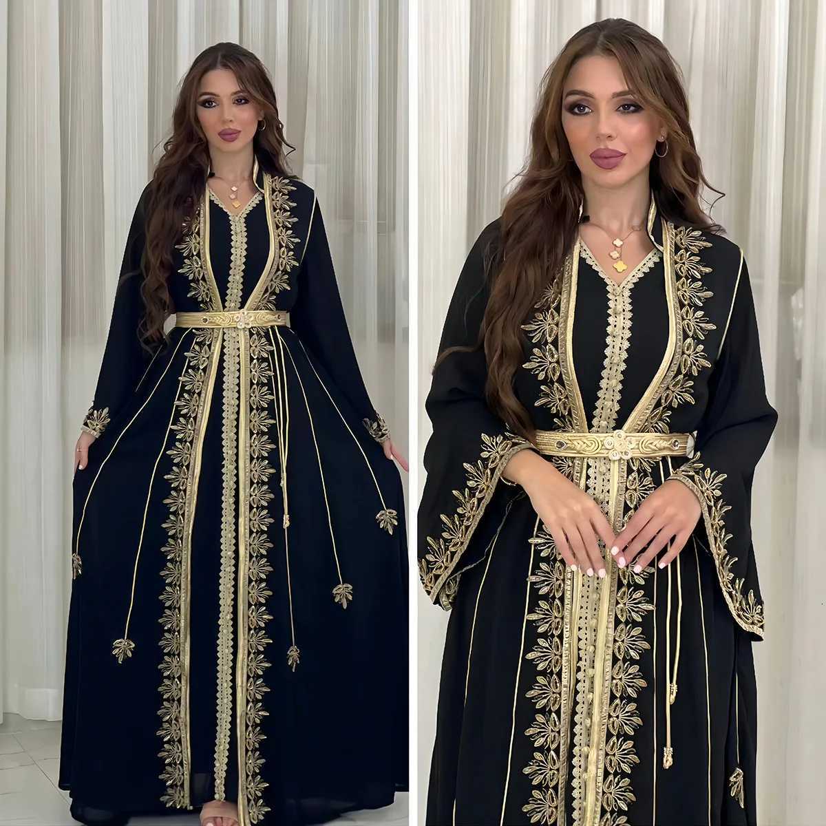 Eid Muslim Women Party Embroidery Dresses 2 Piece Set Jalabiya Ramadan Islam Vestidos Arab Robe Morocco Dubai Abayas Kaftan X260310