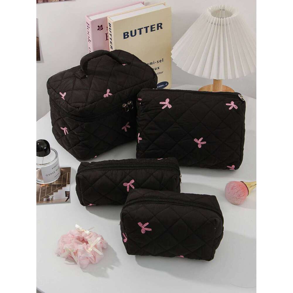 1Pc/Set Women's Bow Embroidered And Quilted Makeup Sets, Cute Macaron Color Large Capacity Cosmetic Bag,Make Up Bag XJ260310