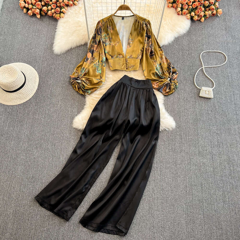 Light and mature style women's fashion suit elegant V-neck lantern sleeve printed shirt with high waisted wide leg pants