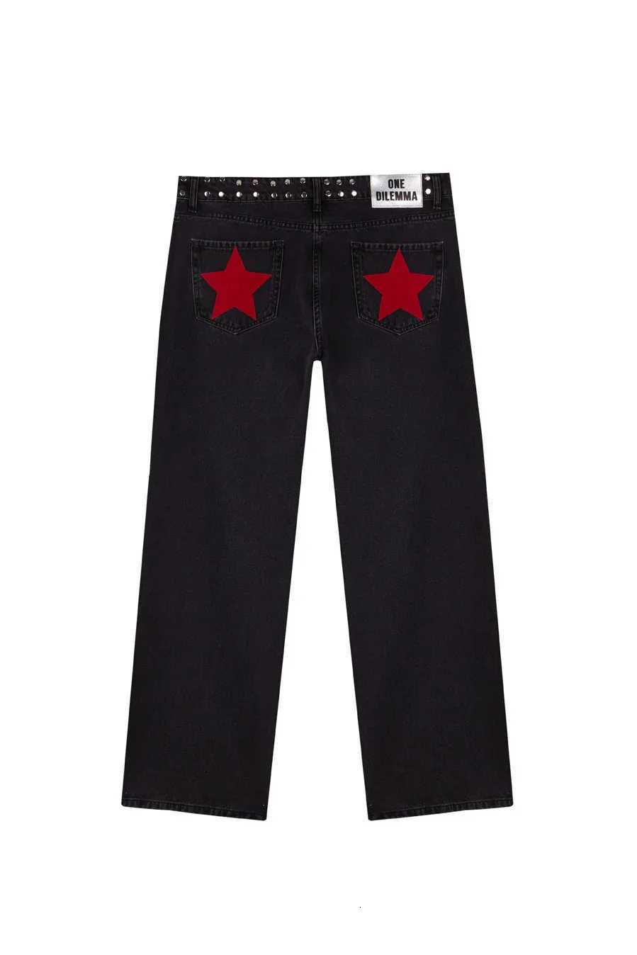 2026 Gothic Womens ONE DILEMMA Jeans Y2K Clothing Fashion Sequin Five Pointed Star Rivet Retro Jeans Mid Rise Wide Leg TrousersT260310