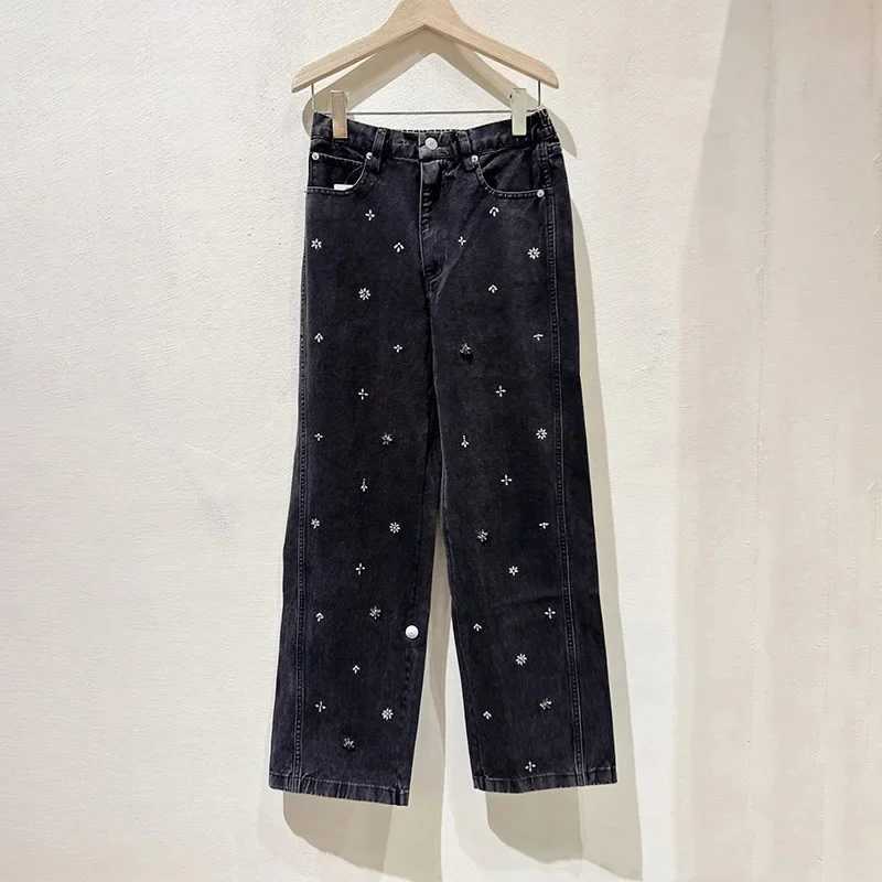 Women 2025 Spring and Summer New Style Half Elastic Waist Double Color Nail Diamond Decorative Denim Straight PantsT260310