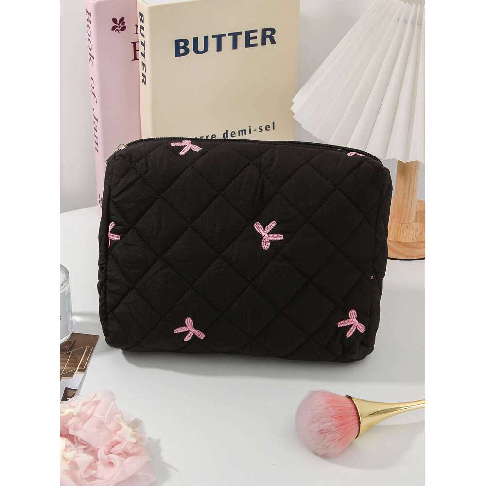 1Pc/Set Women's Bow Embroidered And Quilted Makeup Sets, Cute Macaron Color Large Capacity Cosmetic Bag,Make Up Bag XJ260310