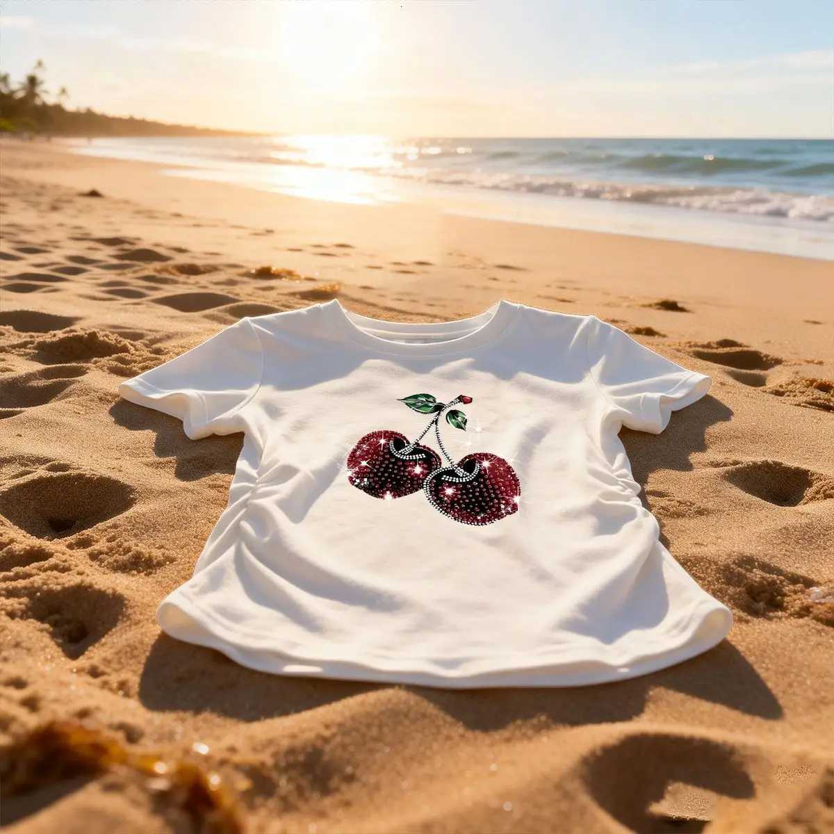 Womens Waist-Defining Elastic T Shirt Sparkling Cherries printed Short Sleeve Round Neck top tee FashionableT260310