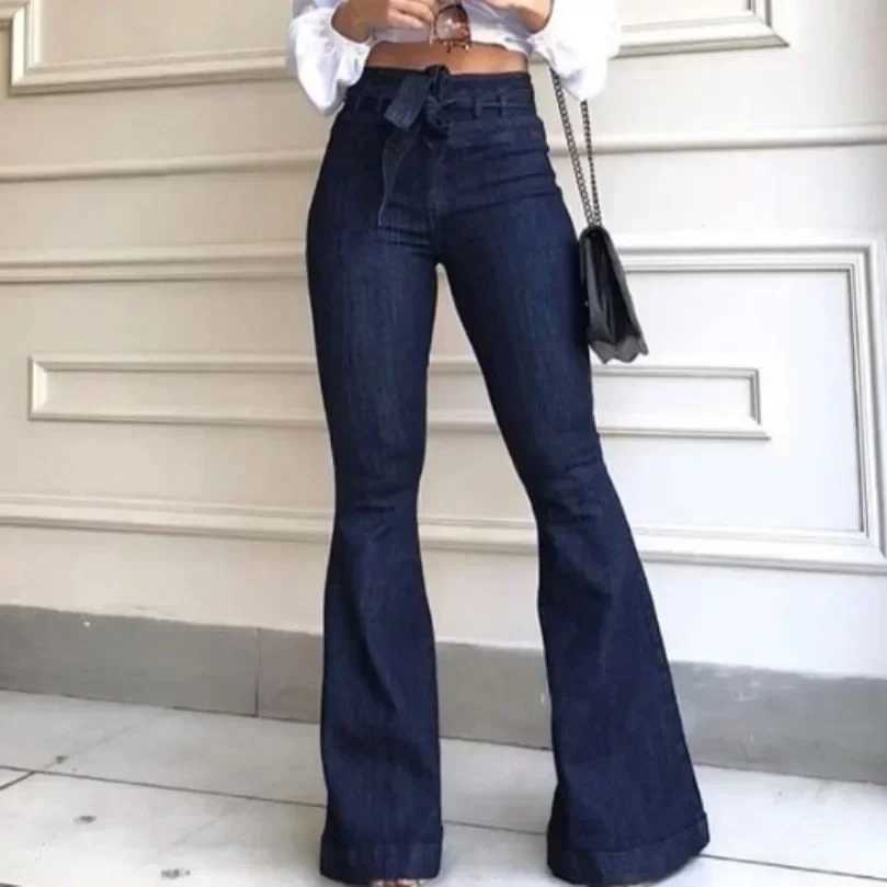 Women Jeans Solid Color High Waist Flare Pants Zipper Fly Flat Pockets Streetwear Slim Patchwork Button Slight Strech Belt M260310