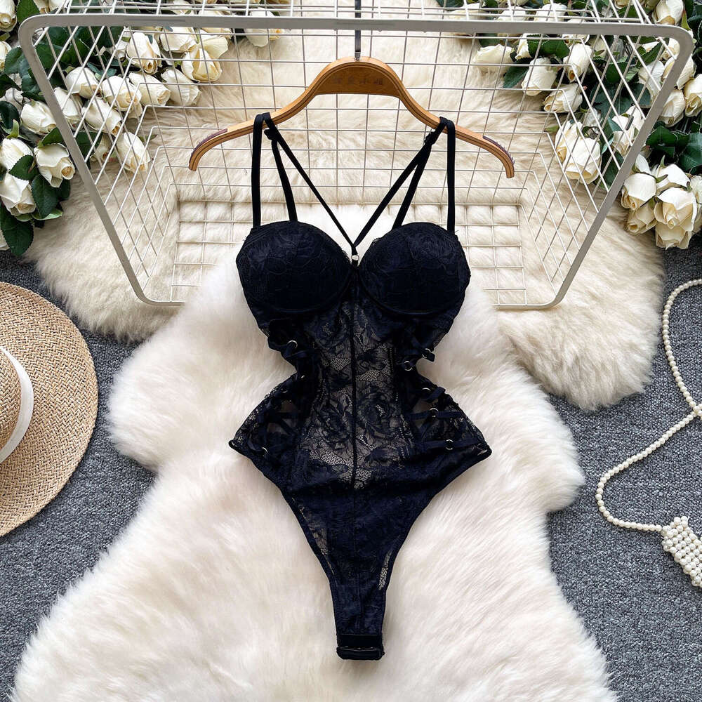 European and American women's fashion pure desire spicy girl lace backless suspender jumpsuit with shoulder strap tight corset