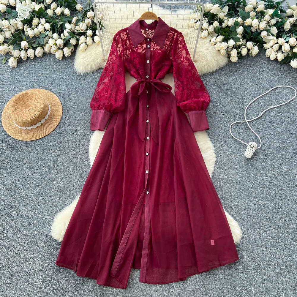 2026 French high-end elegant women's long skirt autumn fashion lace long sleeved patchwork tie waist mesh dress