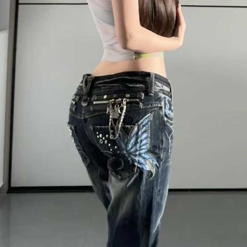 New retro high street large size butterfly embroidered women jeans Y2K Harajuku slim mid-rise micro-flared jeans M260310