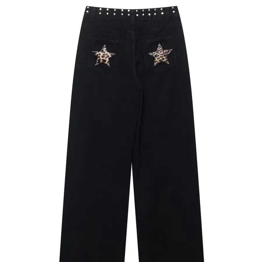 Black Gothic Leopard Splicing Pocket Retro Hip-Hop Jeans Women American Fashion Rock Rivet High Waist Loose Vintage StreetwearT260310