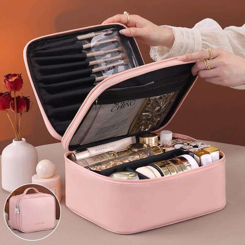 New double-layer women's makeup portable multifunctional cosmetic storage bag, large capacity toiletry bag Pencil case XJ260310