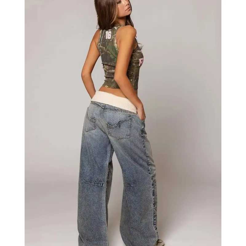 2025 Unisex Streetwear Hip Hop Baggy Straight-Leg Jeans Washed Blue Embroidered Spliced Distressed Cargo Pants Casual Denim M260310