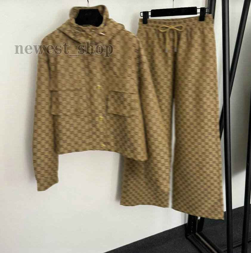 Europe designer womens tracksuits luxury sport suit 2 piece sets women gold buckle long sleeved hooded zipper jacket casual High waisted wide leg pants