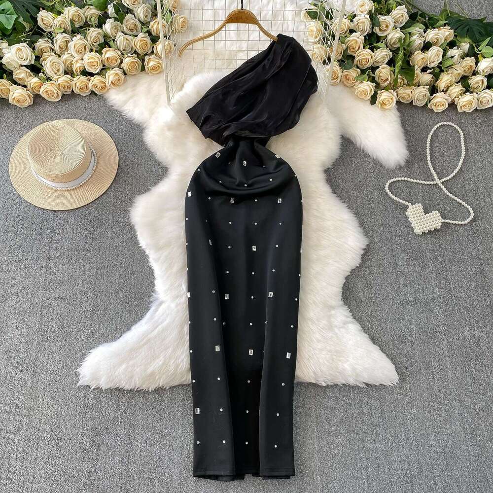 Elegant and exquisite women's off shoulder dress with high-end summer design, diamond decoration, satin patchwork waistband