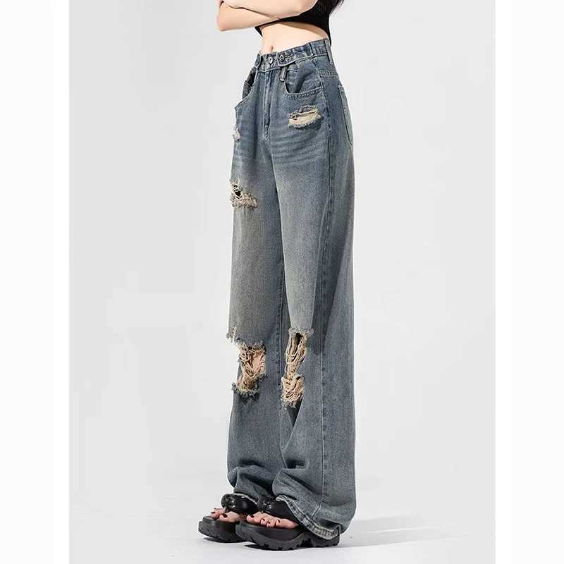 New Blue Ripped s Straight Leg Jeans Female Korean High Waist Casual Denim Trousers Lady Fashion Designer Baggy Pants M260317