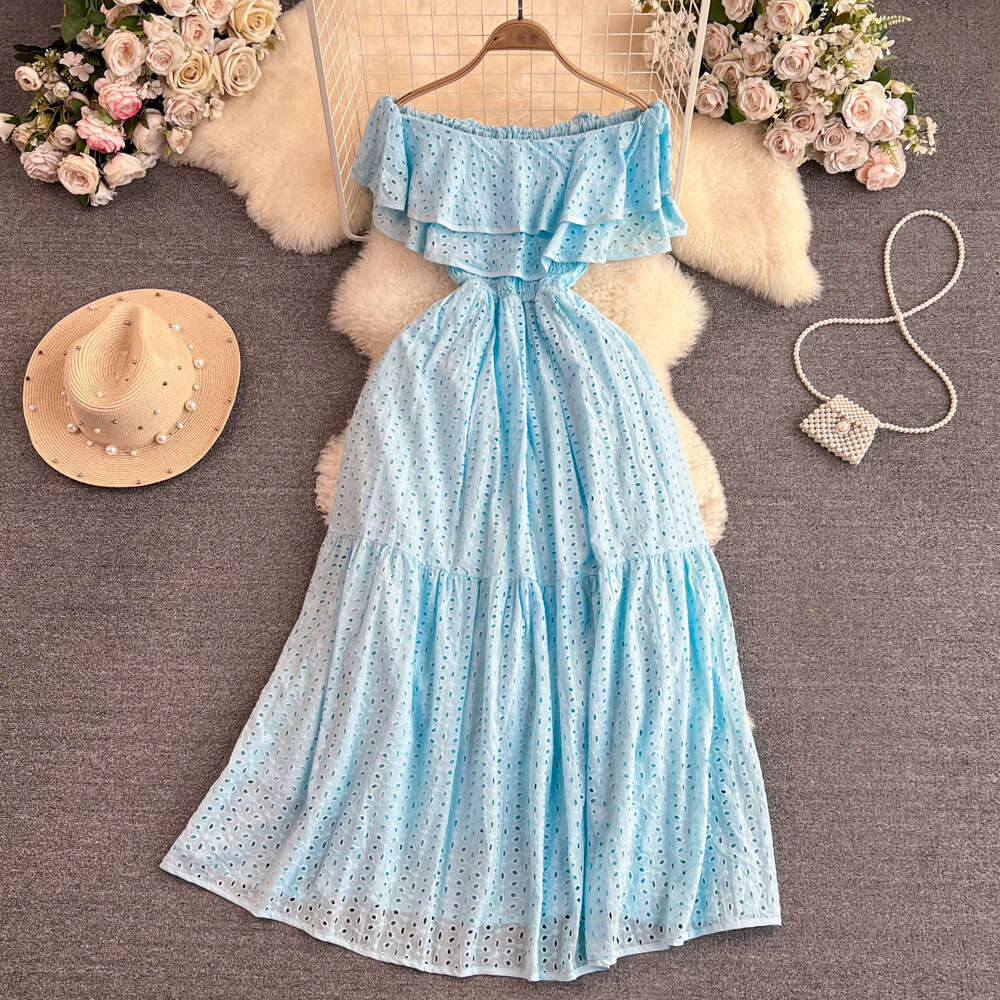 Forest style first love long skirt retro gentle style super fairy off shoulder pleated waistband slim fit A-line skirt