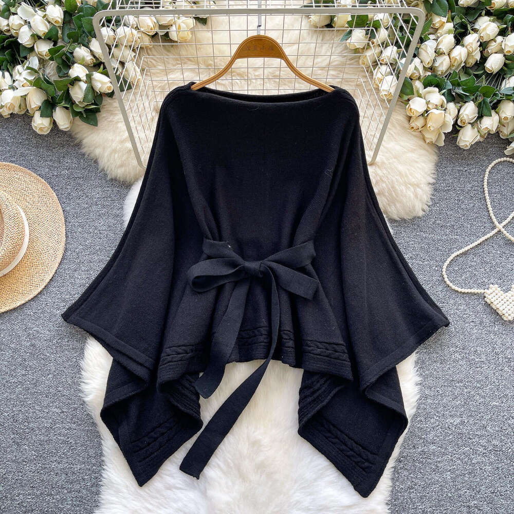 2026 casual fashion high-end tie waist off shoulder cape knitted women's sweater autumn loose fit versatile asymmetric