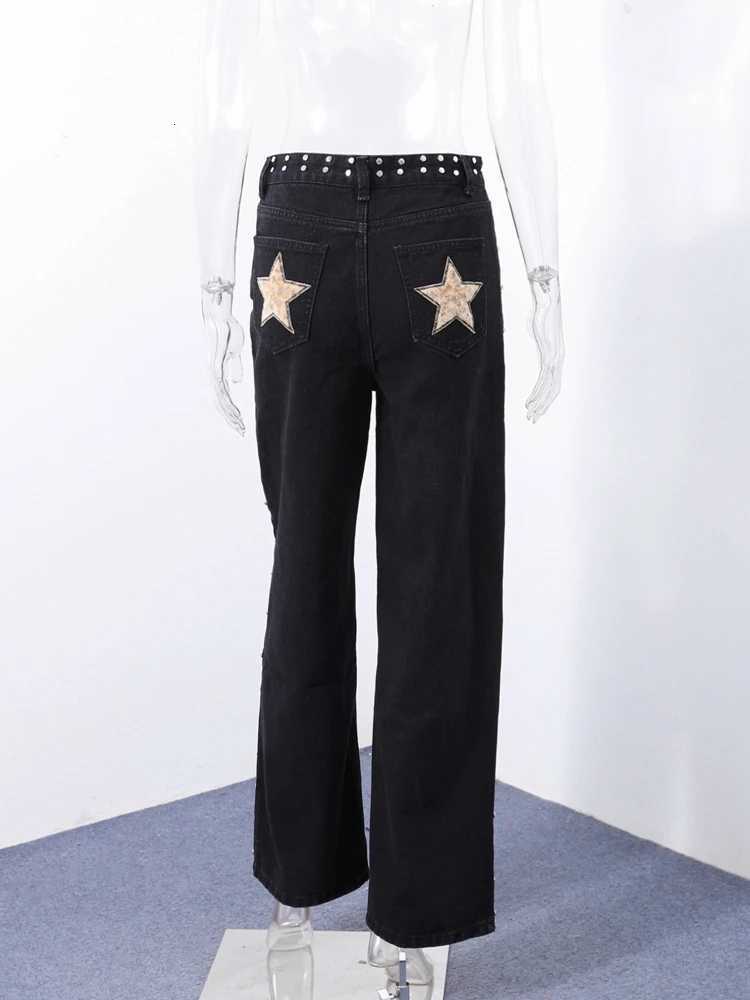 Rivet Five Pointed Star Jeans Woman High Waist Chic Solid Color Casual Long Trousers Street Fashion Womens New Straight JeansT260310