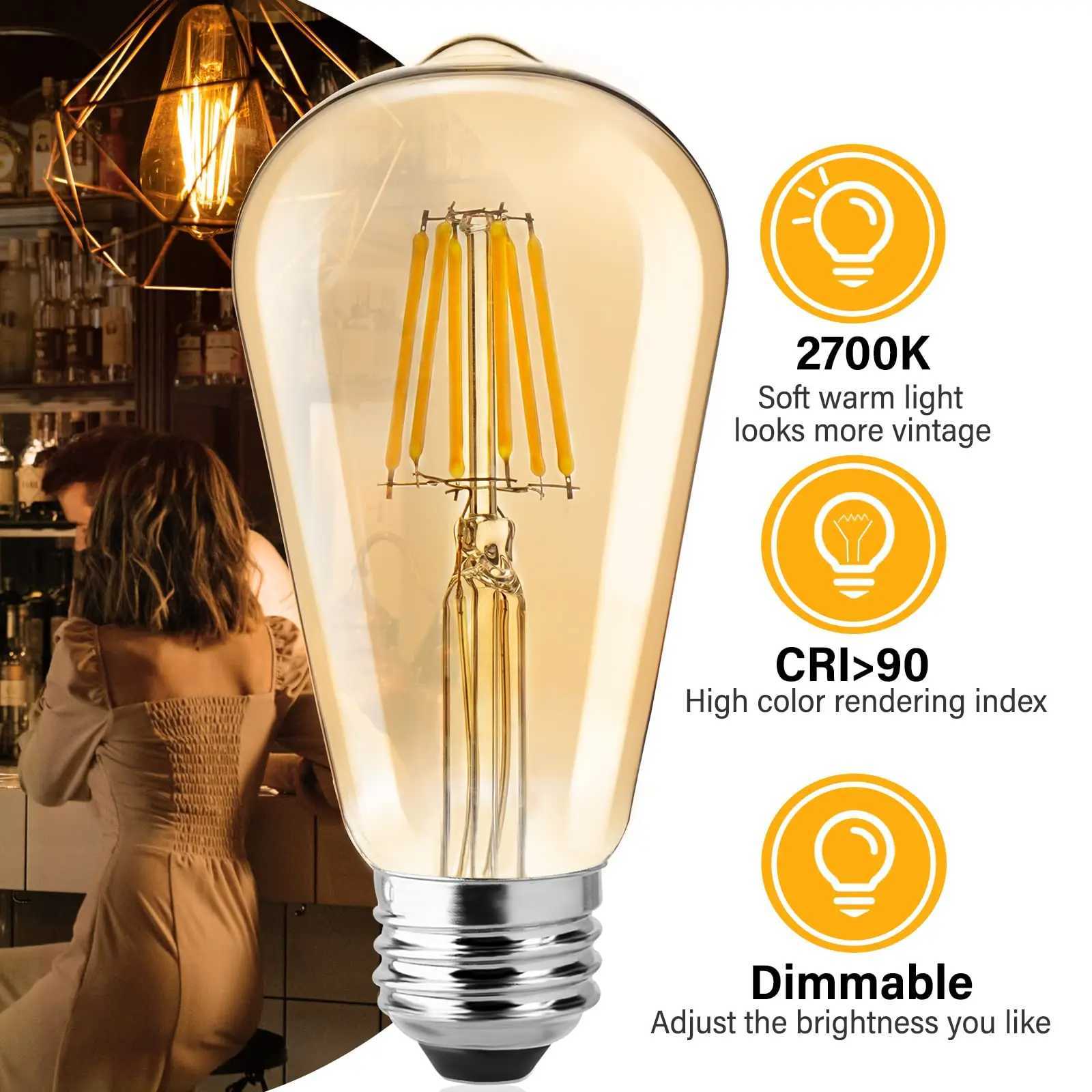 6pcs ST64 Dimmable LED Filament Light Bulb E27 220V 6W 2200K Amber Glass Vintage Edison Led Lights Decoration Energy Saving Lamp H260310