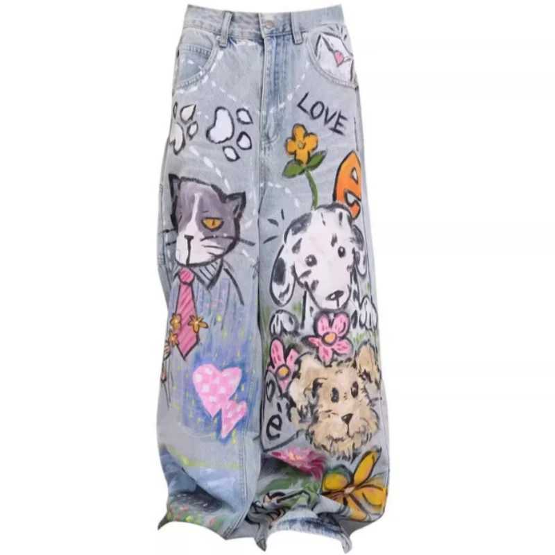 Doodle-printed Jeans American Casual Style Vintage Straight-cut Loose-fitting High-street Wide-leg Pants Y2k Baggy Jeans Ladies M260310