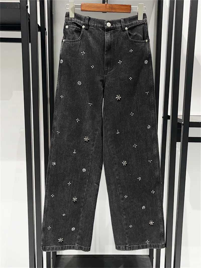 Rhinestone Flower Denim Long Pants Women Letter Embroidery Straight Casual Jeans for Female 2025 Spring SummerT260310