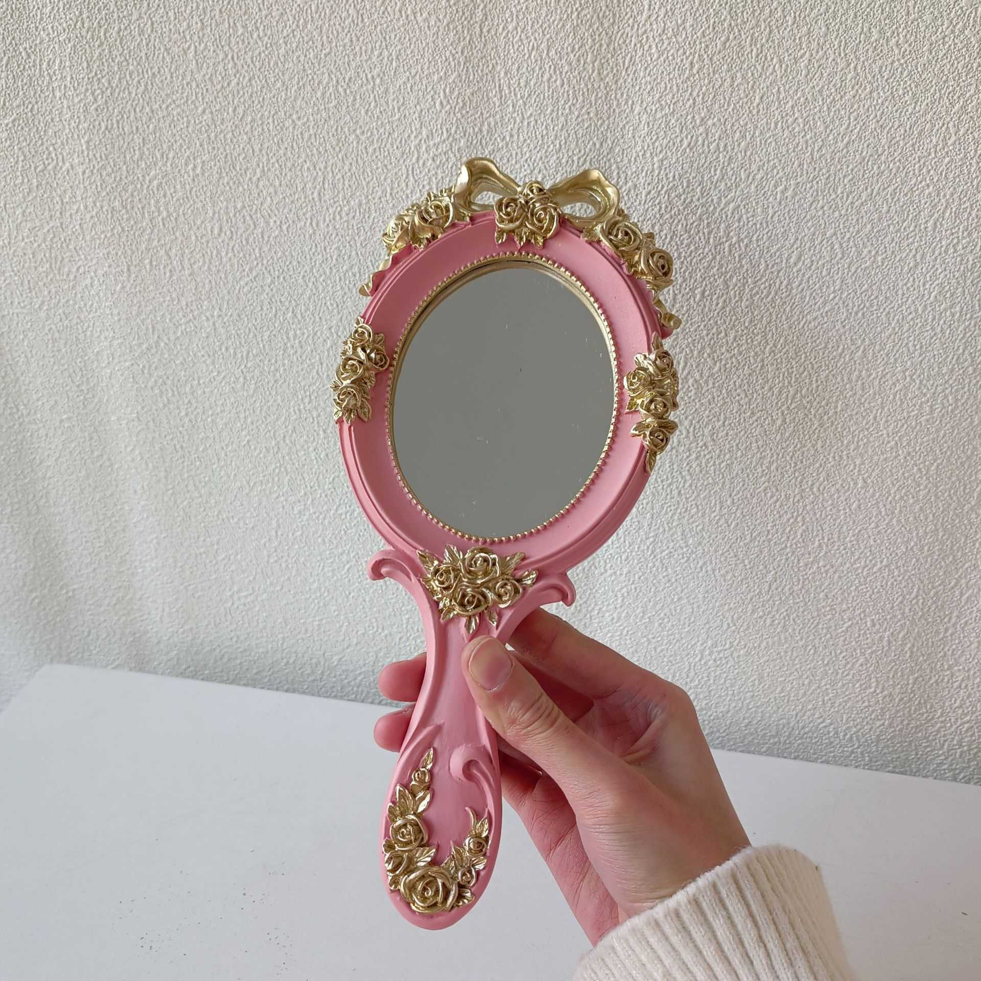 European handle mirror hand-held mirror hand-held mirror oval Hotel photo antique Baroque gold mirror T260310