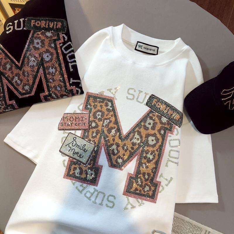 Summer T Shirt for Women Cotton Letter Hot Drill Oversized Clothes Loose Short Sleeved Top Luxury Designer Graphic Tees Women