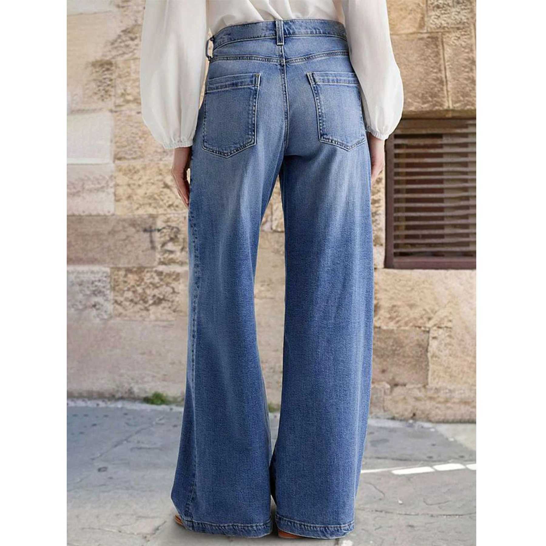 Womens Y2K Fashion Casual Washed Wide Leg Jeans Stretchy Comfortable Vintage Denim Trousers M260310