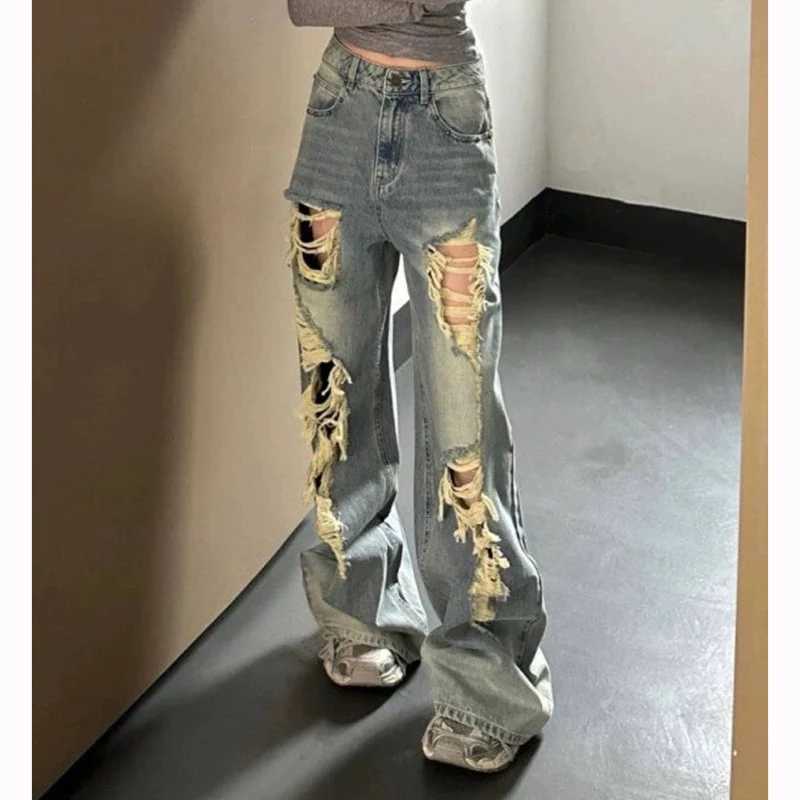 Female Chic Blue Straight Leg Jeans Women Korean High Waist Loose Denim Trousers s Casual Designer Ripped Pants M260317