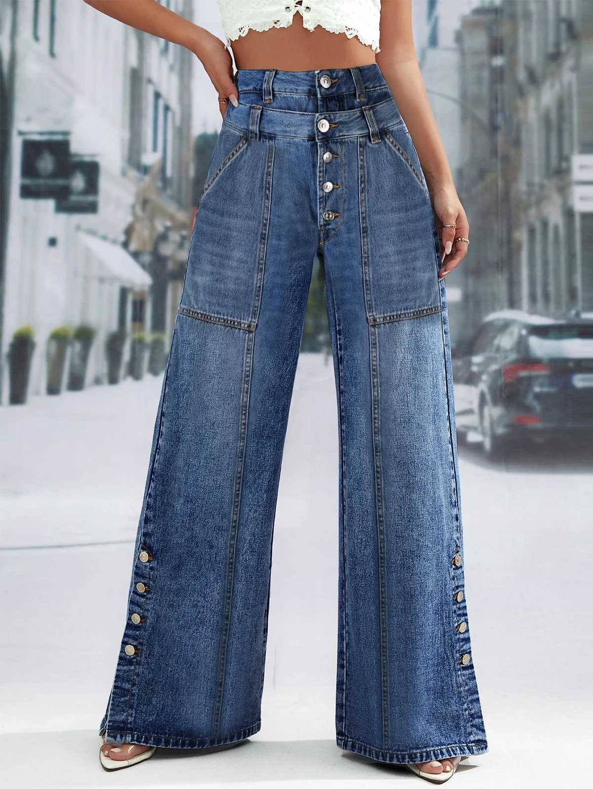 Womens Plus Size Jeans Pockets Denim Wide Leg Pants Button Vintage Streetwear Solid Casual Minimalist Jeans Trousers 2024 M260310