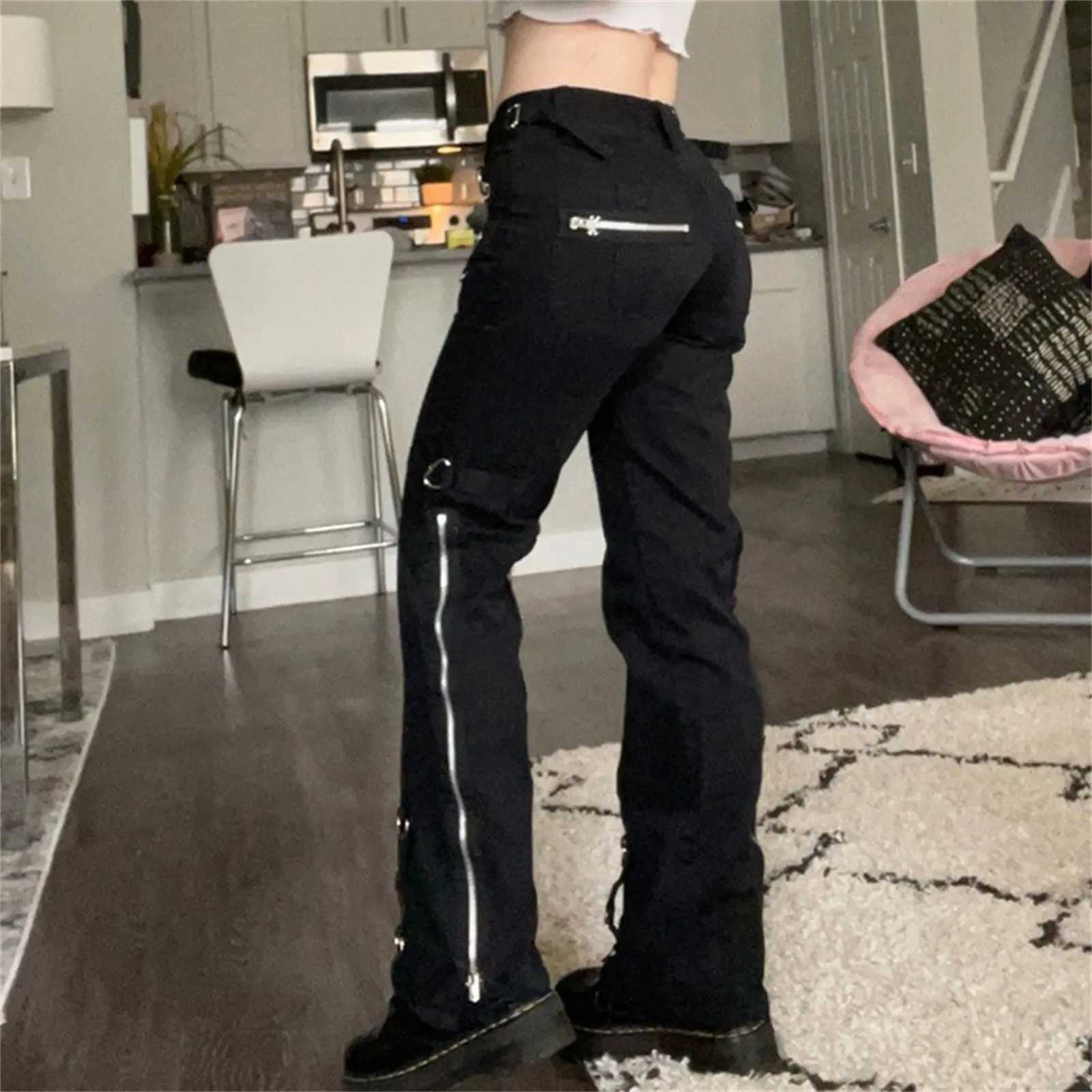 Retro Straight Women Jeans Aesthetic Dark Goth Pants Academia Vintage Y2k Style Streetwear Punk Straight Casual Denim Trousers M260310