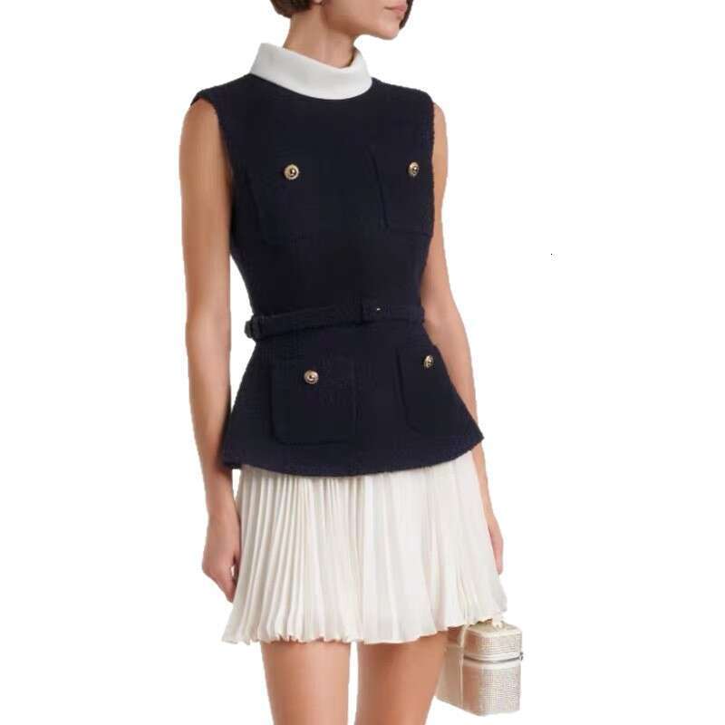 2026 Celebrity Same Style Fashion Design Lightweight Business Style Color blocked Sleeveless Artificial Two piece Set Elegant Short Skirt