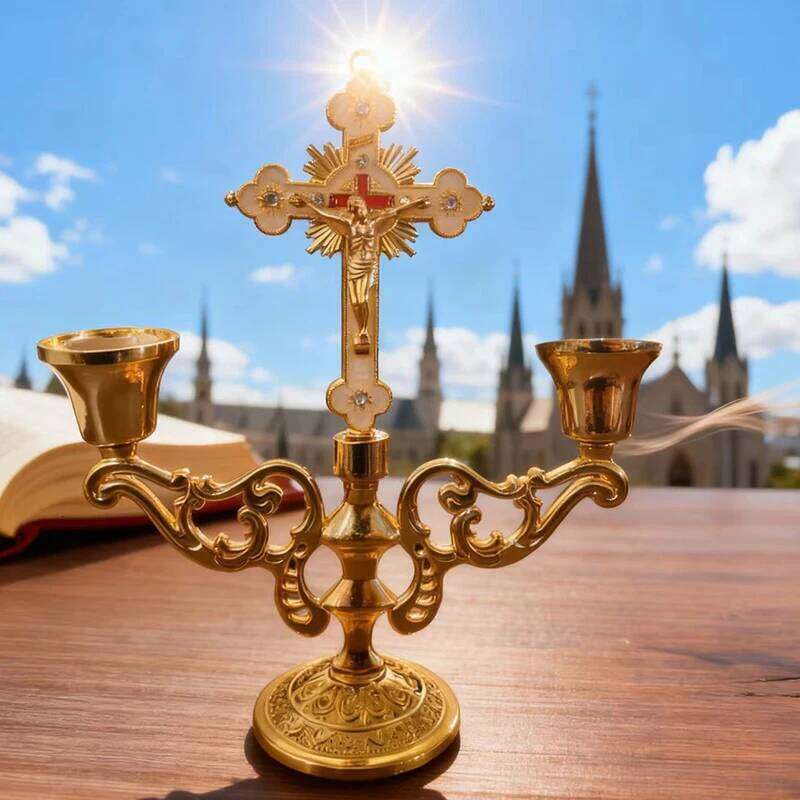 Christian Catholic Sacred Crucifix Table Stand Candlestick with Handle Metal Tabletop Candle Holder Home Furnishing Desk Gift H260310