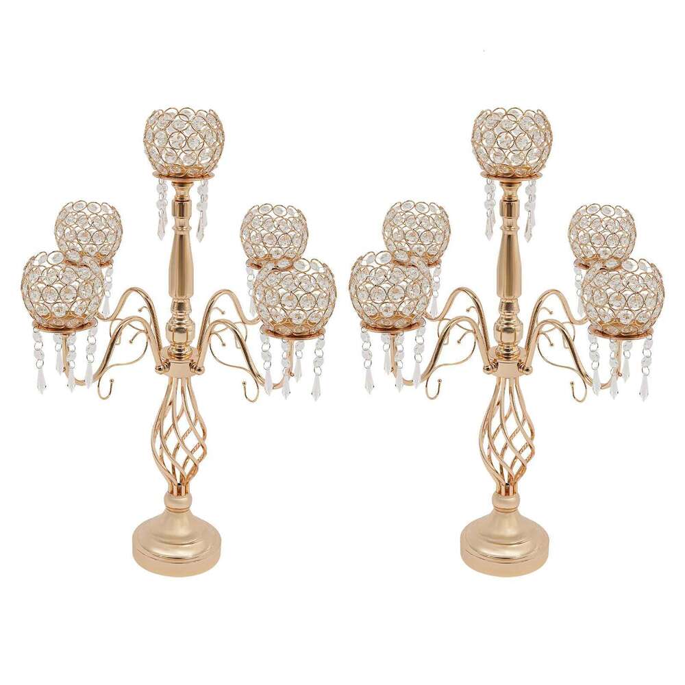 5 Arm Crystal Candelabra Centerpiece Gold 26 Inch Tall Table with Prisms 2 Pack for Home Party Wedding Decor H260310