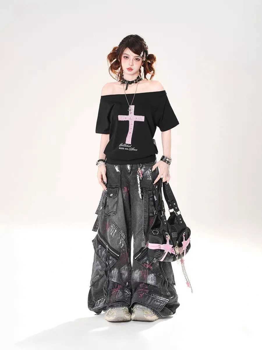 American Vintage Y2K High Street Retro Graffiti Workwear Loose Jeans Multi Pocket Strap Design Streetwear for Men and Women M260310