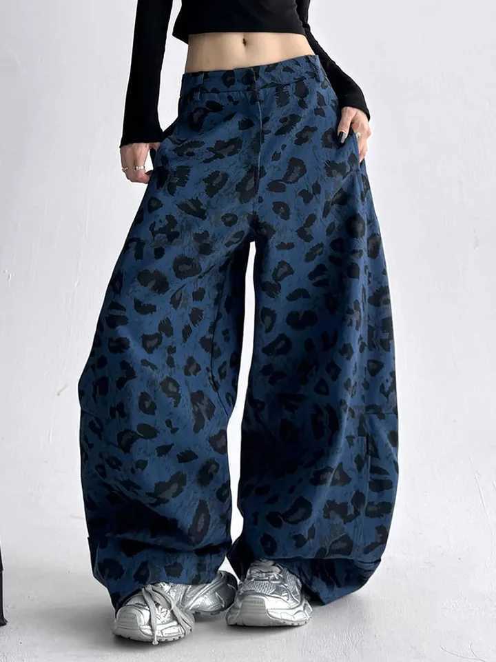 American Y2K Blue Leopard Jeans Women Vintage Casual High Waist Loose Denim Pants Harajuku Hip Hop Retro Bf Spring Trousers New M260310
