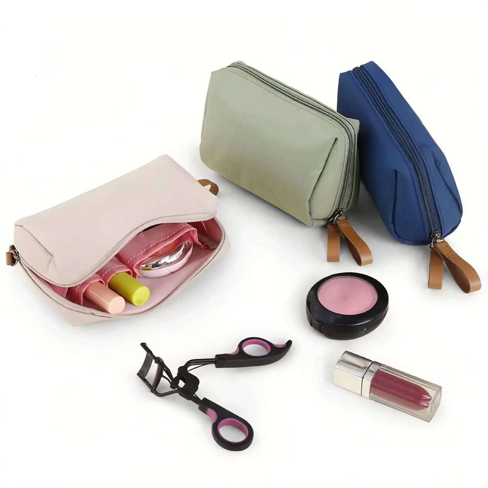Large Cosmetic Organizer Bag - Compact travel toiletry bag, women's textured polyester fabric makeup pouch.A-tan XJ260310