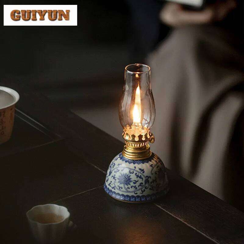 Blue And White Handmade Butter Lamp Creative Wrapped Lotus Candlestick Antique Scented Aromatic Candles Teaware Room Ornaments H260310