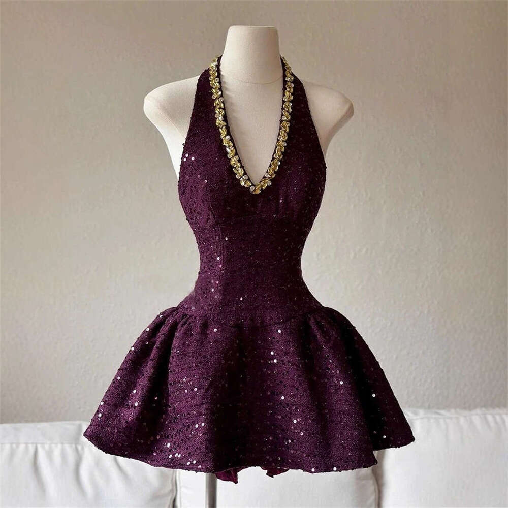 2026 new elegant women's sexy camisole collar V-neck light color luxury sequin eye-catching diagonal mini dress