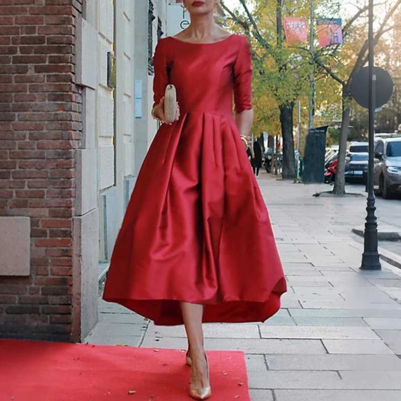 Womens A-Line Long Slve Dress 2026 Half Slves O-Neck Pleated Elegant Classical Evening Christmas Urban Lady Midi Dresses X260310