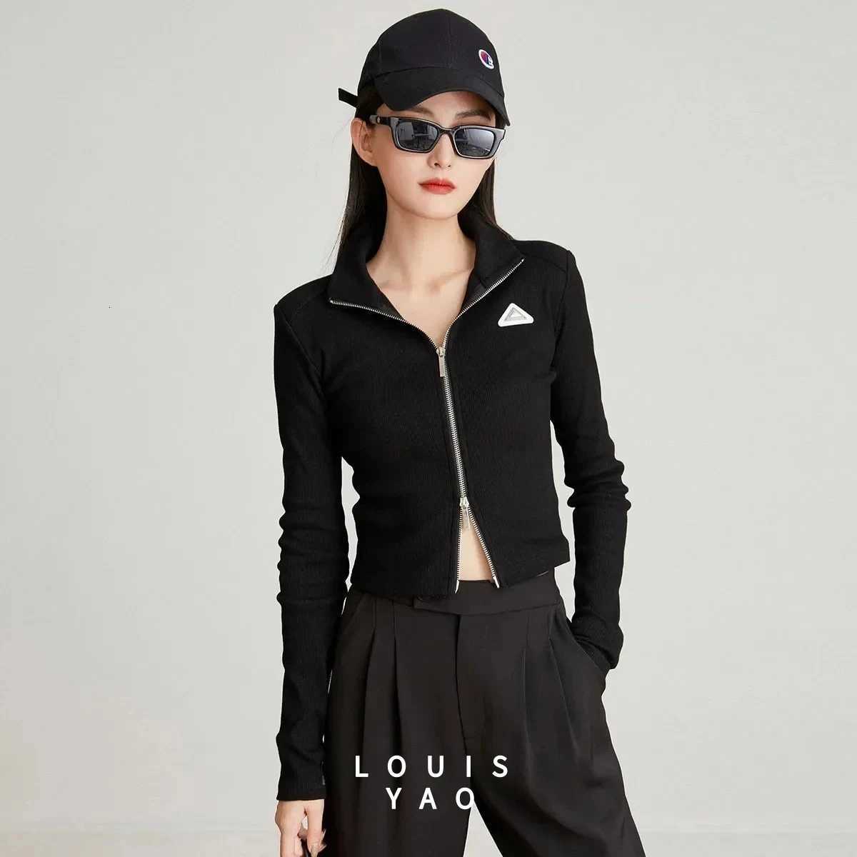 LOUISYAO Fashion Double Zipper High Collar Cardigan 2025 Spring Autumn Women Slim Knitted Sweater CoatT260310