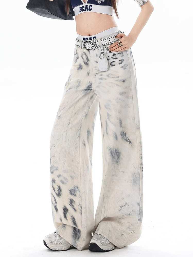 Fashion Leopard Print Jeans Women Streetwear Vintage Hippie Wide Leg Pants Female Casual Baggy Straight High Waist Jeans M260310