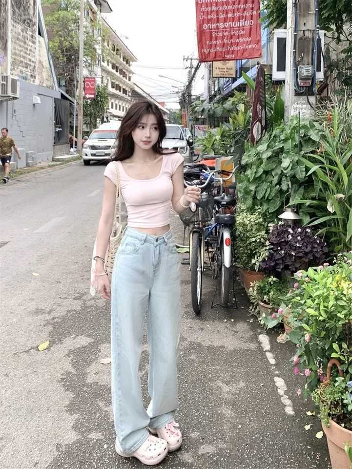 bow Blue Jeans Women High Waist street American Wide Leg denim Pants 90s Embroidery Y2K Vintage Straight straight Trousers 2024 M260310