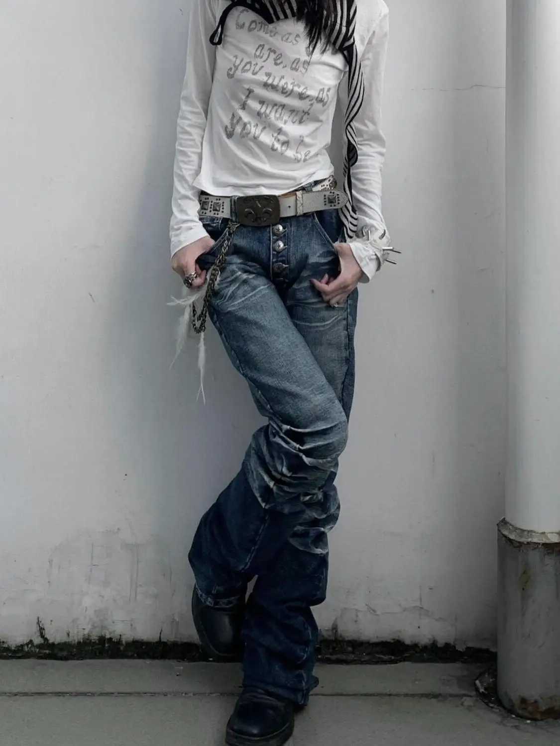 Washed Distressed Vintage Flared Jeans Women High Street Straight Denim Pants American Retro Harajuku Hip Hop Y2k Trousers M260310