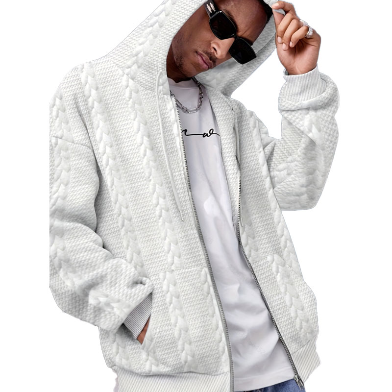 Men's Fashion Jacquard Zip Up Hoodie, Stand Collar Comfortable Outerwear - view 3