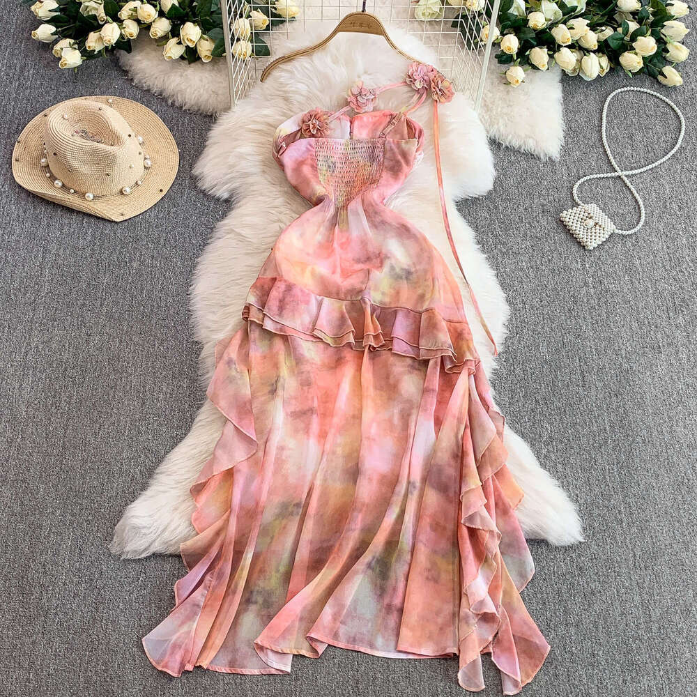 French vacation style romantic 3D floral backless dress for women, high-end pink with irregular pleats