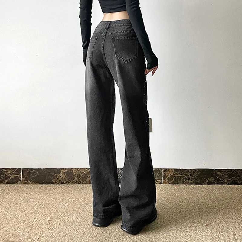 2026 Denim Straight Jeans Women Vintage Wide Leg Pants High Waist Pockets Washed Distressed Streetwear Trousers M260310